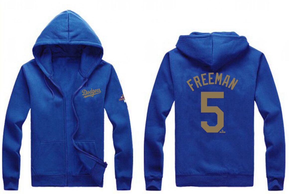 Men Los Angeles Dodgers 5 Freeman Blue Zipper hoodie 2025 MLB Jersey style 2